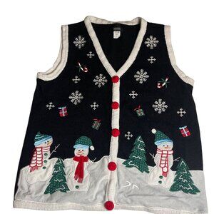 Holiday Editions Christmas Womens Vest Size S Large Black Stitched Snowmen & Sno